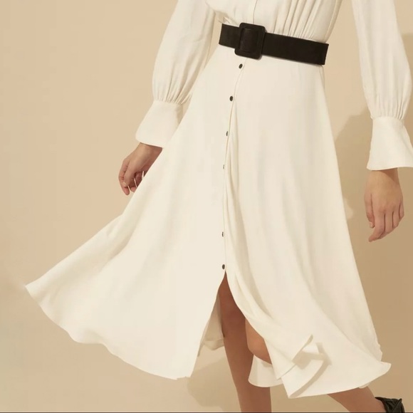 BA&SH Nida white collared long sleeve elastic waist hugging button up midi dress - Picture 5 of 16